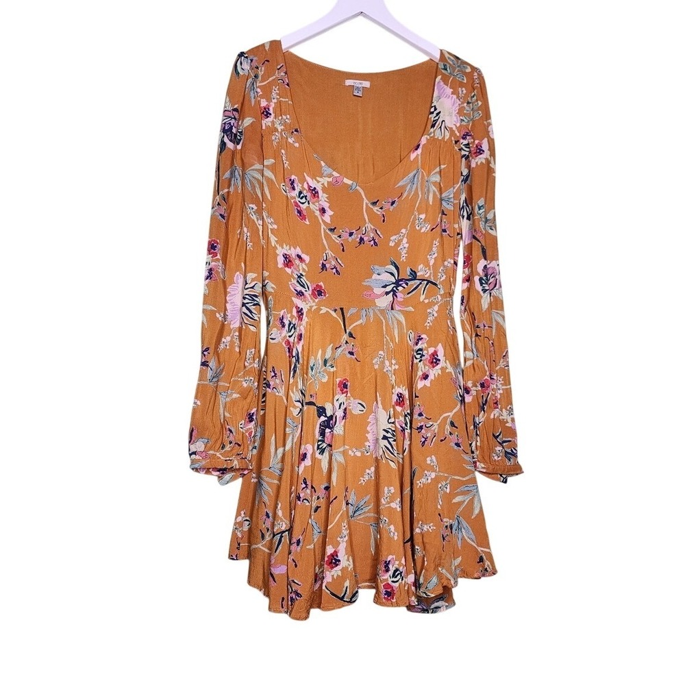 Ecote Floral Long Sleeve Dress Mustard Mini Skater Boho Cottage Milkmaid 2